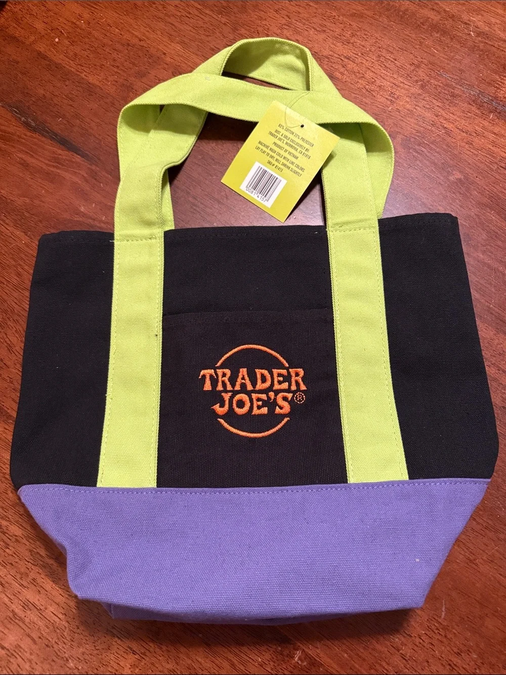 Trader Joe’s Mini Canvas Tote Bag in Black, Purple & Lime